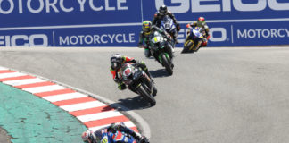 Sean Dylan Kelly (40) leads Cory Ventura (28), Richie Escalante (1), Benjamin Smith (88), and Kevin Olmedo (16) down the Corkscrew early in Supersport Race Two at Laguna Seca. Photo by Brian J. Nelson, courtesy MotoAmerica.