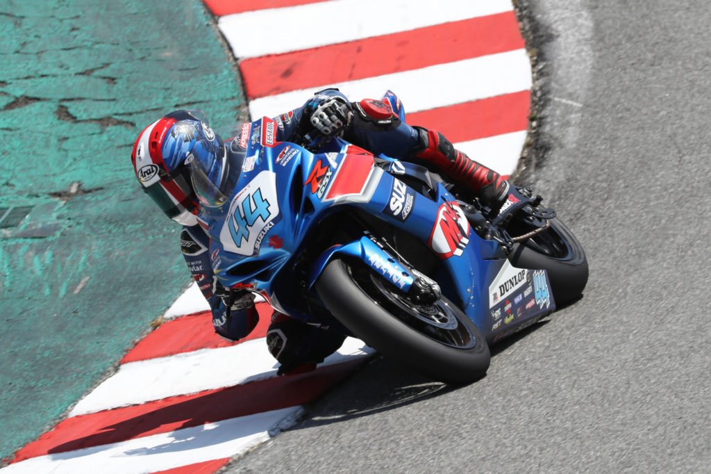 Sam Lochoff (44) maintained his 3rd place position in the championship with strong rides on his GSX-R600. Photo by Brian J. Nelson, courtesy Suzuki Motor USA.