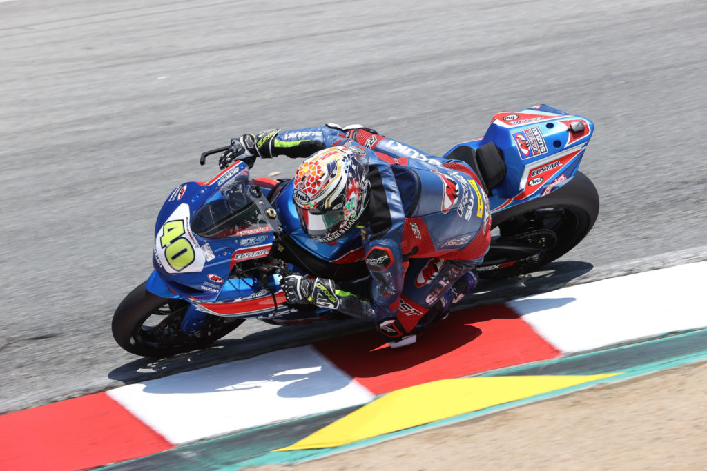 Sean Dylan Kelly (40) dominated the weekend with two Supersport wins at Laguna Seca. Photo by Brian J. Nelson, courtesy Suzuki Motor USA.