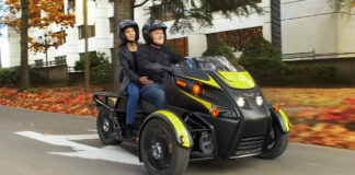 A non-tilting Arcimoto Roadster electric three-wheel motorcycle prototype. Photo courtesy Arcimoto.