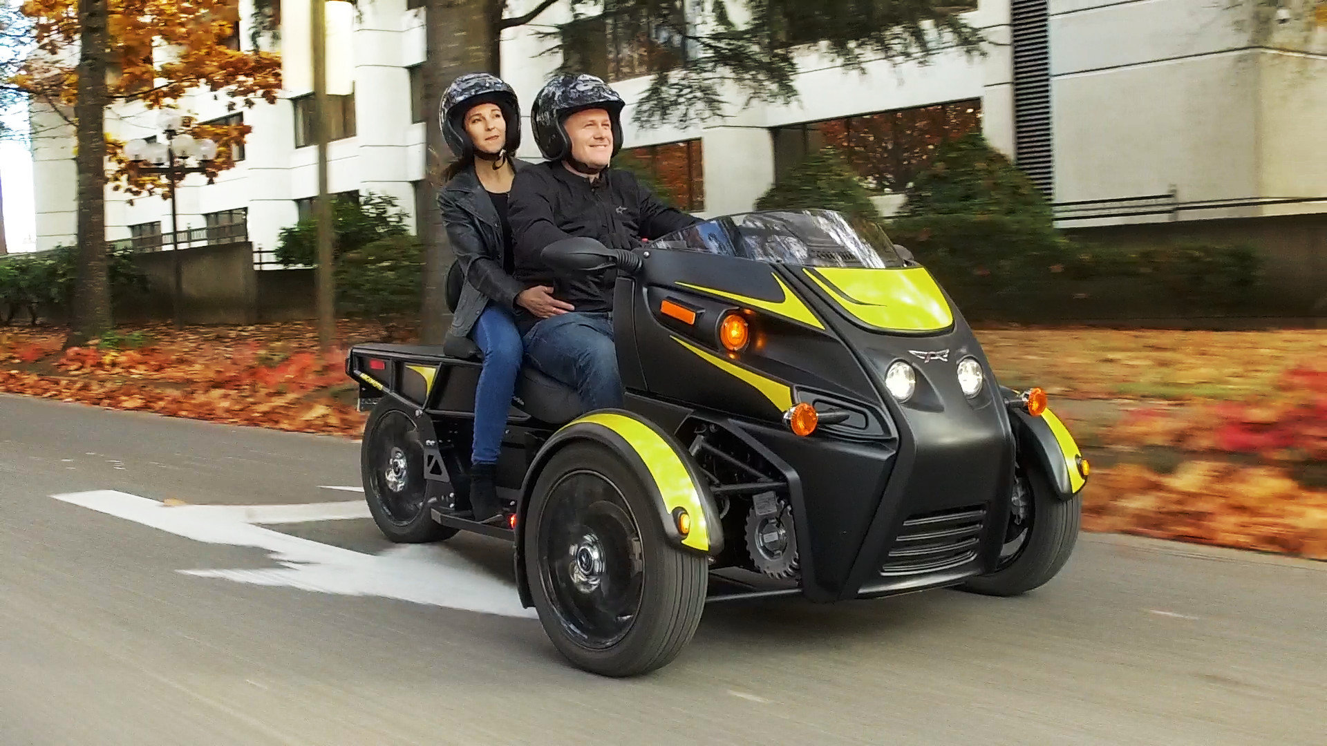 A non-tilting Arcimoto Roadster electric three-wheel motorcycle prototype. Photo courtesy Arcimoto.