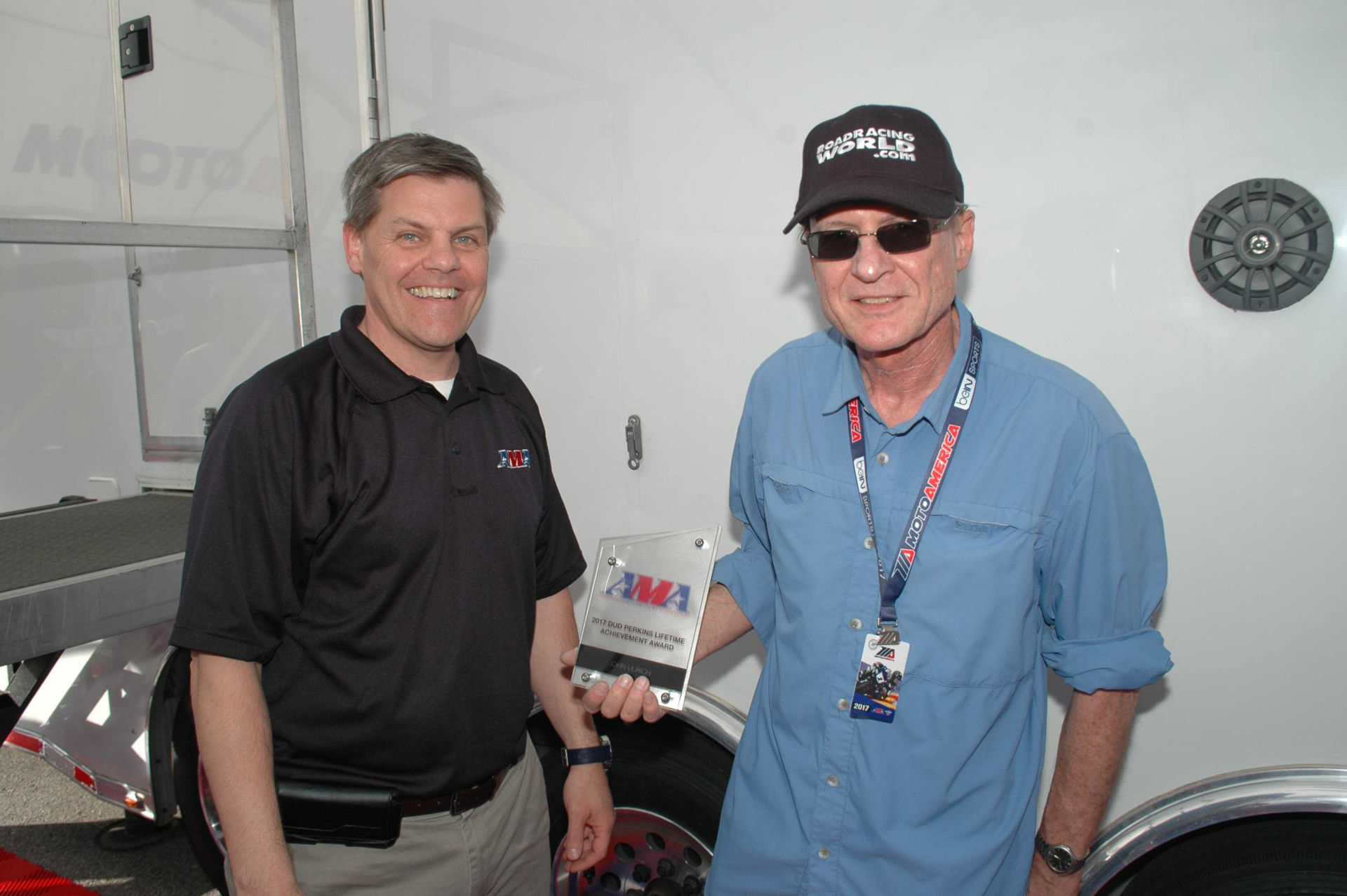 John Ulrich, a racer, a race team owner and the Founder, Vice President and Editor of Roadracing World & Motorcycle Technology, was presented with the AMA Dud Perkins Lifetime Achievement Award by AMA President and CEO Rob Dingman in a ceremony held in the MotoAmerica paddock Friday, April 21, 2017, at Circuit of The Americas. Photo by David Swarts.