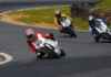 Jake Lewis (85), Hayden Gillim (69), and Miles Thornton (72) during a USGPRU Moriwaki Challenge Cup Powered by Honda race at Summit Point Raceway in 2008. Photo by etechphoto.com.