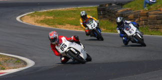 Jake Lewis (85), Hayden Gillim (69), and Miles Thornton (72) during a USGPRU Moriwaki Challenge Cup Powered by Honda race at Summit Point Raceway in 2008. Photo by etechphoto.com.