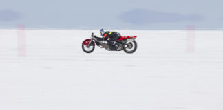 A land speed motorcycle at speed at the Bonneville Sale Flats in Utah. Photo courtesy AMA.