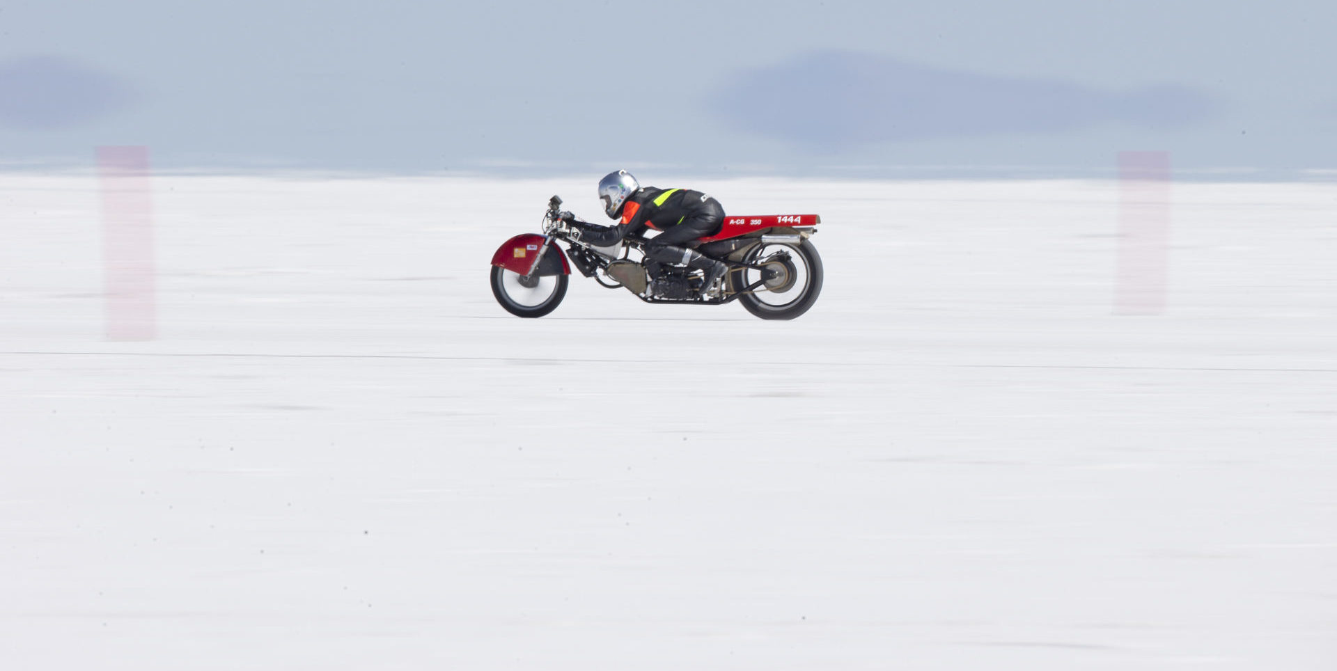 A land speed motorcycle at speed at the Bonneville Sale Flats in Utah. Photo courtesy AMA.