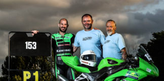 2021 French Supersport Champion Valentin Debise (left) with mechanics Kees Bredveld (center) and Francois Brucker (right). Photo courtesy Valentin Debise.