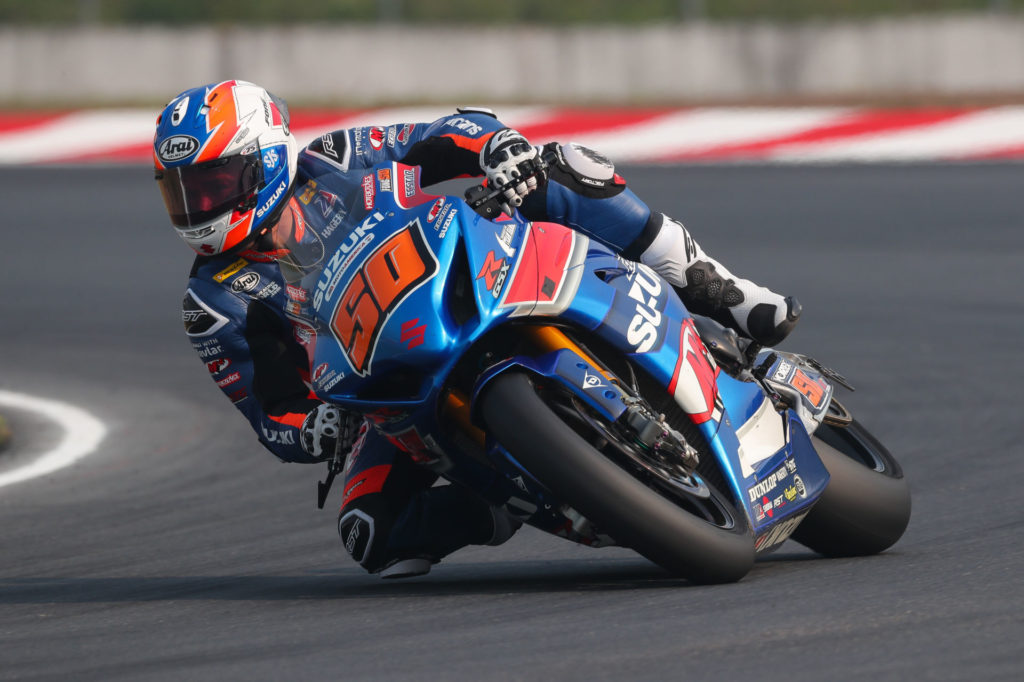 Bobby Fong (50) looked strong with a solid second place finish on his Suzuki GSX-R1000R on Saturday. Photo by Brian J. Nelson, courtesy Suzuki Motor USA, LLC.