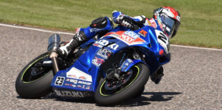 Alex Dumas (23), age 18, leads the standings in the 2021 Canadian National Superbike Championship aboard the FAST Riding School co-sponsored Suzuki GSX-R1000. Photo by Colin Fraser, courtesy CSBK.