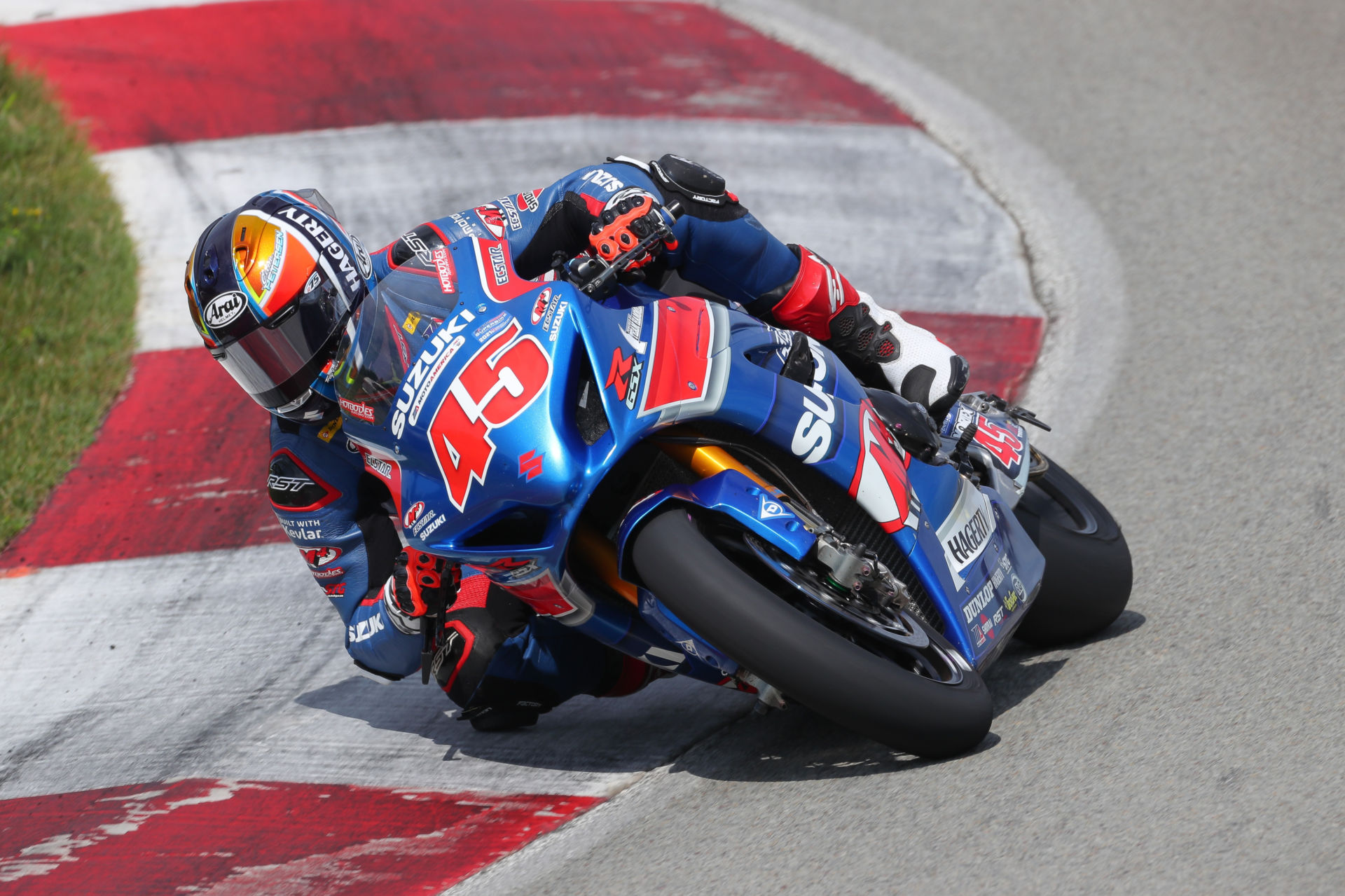 Cam Petersen (45) had another solid weekend with two top-ten finishes on his GSX-R1000R. Photo by Brian J. Nelson, courtesy Suzuki Motor USA, LLC.