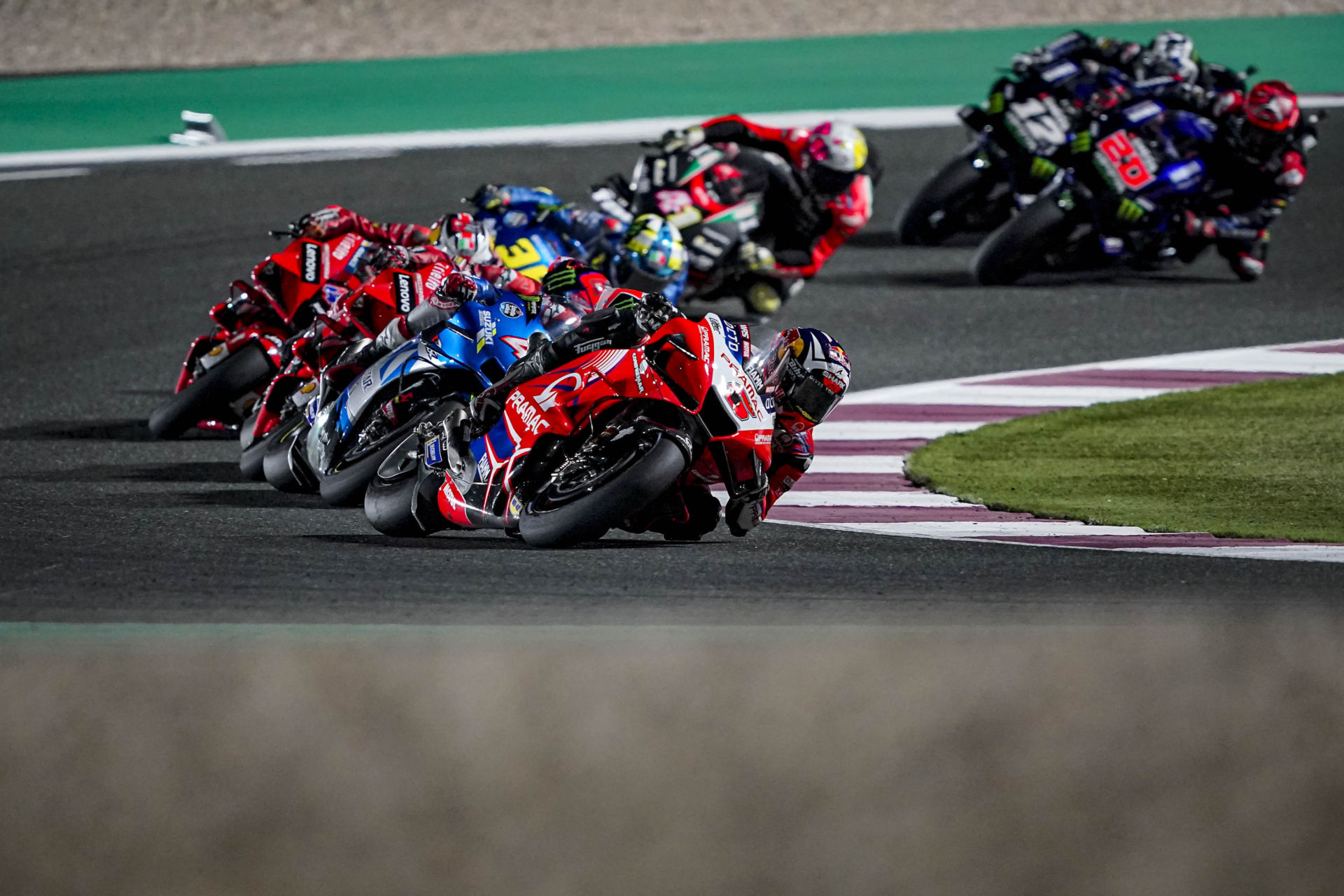 The first race of the 2022 MotoGP season is scheduled March 4-6 at Losail International Circuit, in Qatar. Here, Johann Zarco (5) leads a pack of riders during a MotoGP race earlier this season in Qatar. Photo courtesy Pramac Racing.