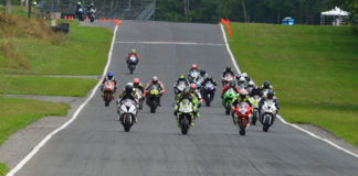 Washed Up Racing (808), J. Clark Racing (221), and Grease Monkey Racing (291) lead the ASRA Team Challenge field into Turn One at Summit Point Raceway. Photo by Lisa Theobald, courtesy ASRA.
