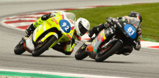 Belgian Lorenz Luciano (81) and Hungarian-American Rossi Moor (92) battled to the checkered flag in Race Two. Photo courtesy Dorna.