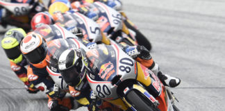 David Alonso (80) leading Red Bull MotoGP Rookies Cup Race Two in Austria. Photo courtesy Red Bull.
