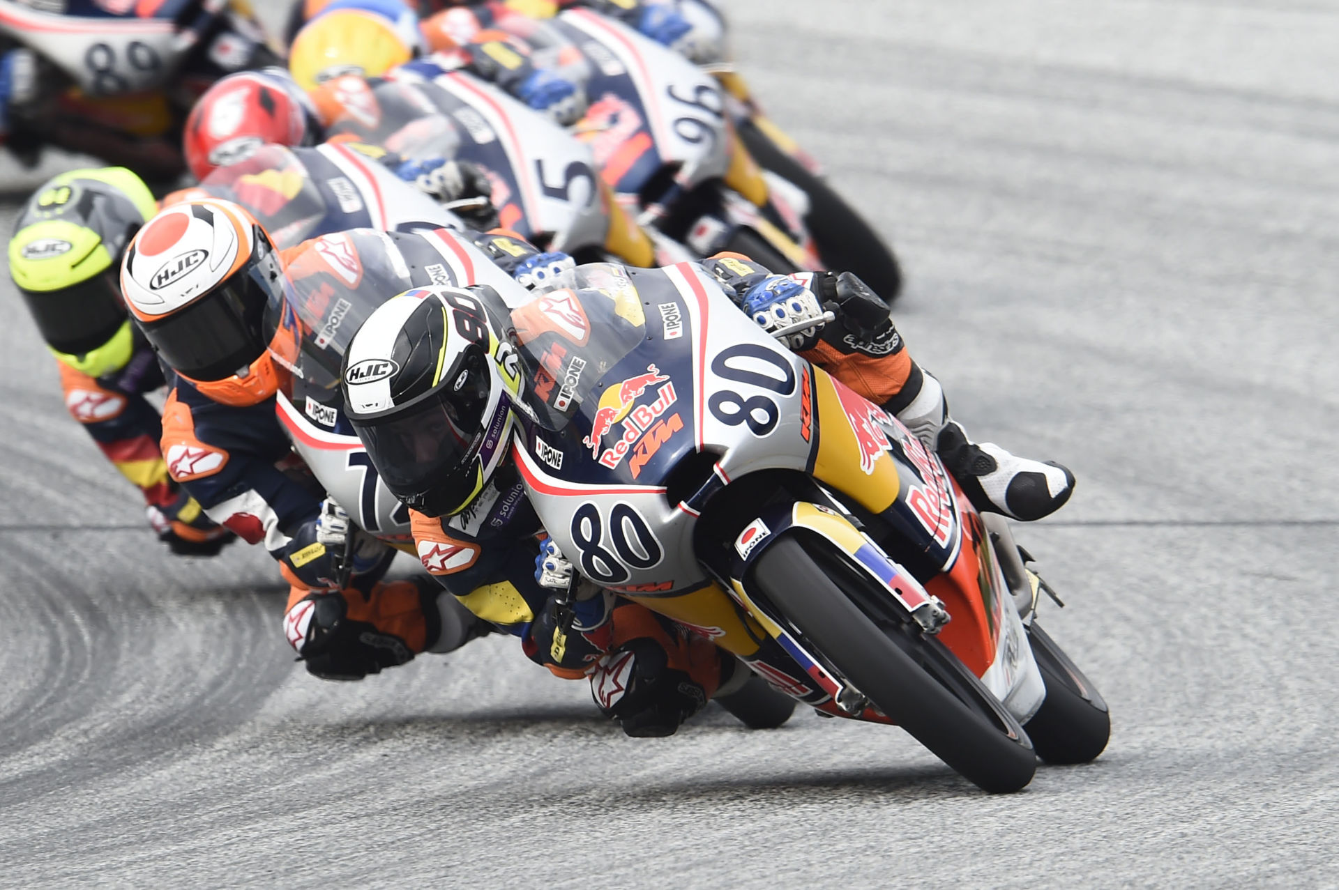 David Alonso (80) leading Red Bull MotoGP Rookies Cup Race Two in Austria. Photo courtesy Red Bull.