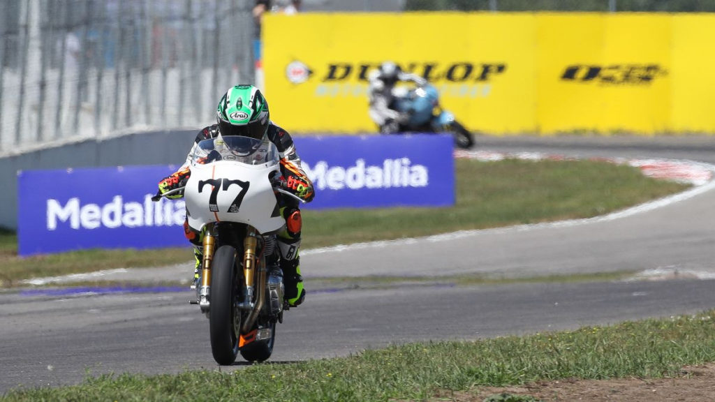 CJ Lukacs (77) won the first-ever Royal Enfield Build. Train. Race event on Sunday at Brainerd International Raceway. Photo by Brian J. Nelson.