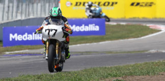 CJ Lukacs (77) won the first-ever Royal Enfield Build. Train. Race event on Sunday at Brainerd International Raceway. Photo by Brian J. Nelson.