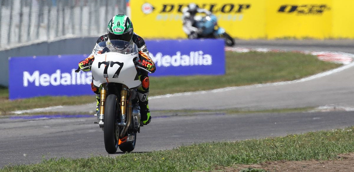 CJ Lukacs (77) won the first-ever Royal Enfield Build. Train. Race event on Sunday at Brainerd International Raceway. Photo by Brian J. Nelson.