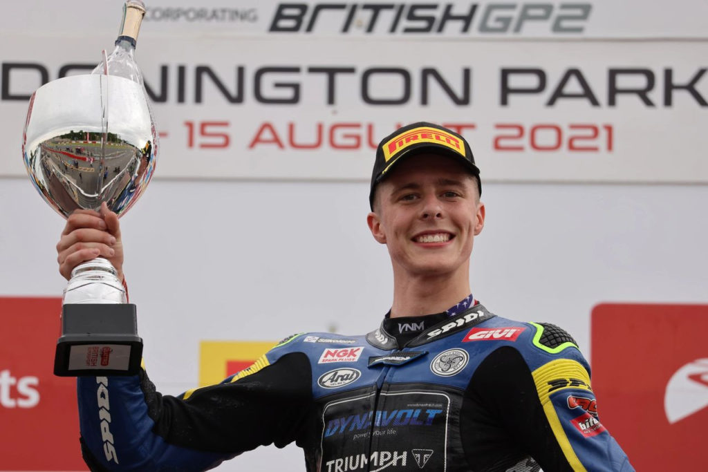 Brandon Paasch on the British Supersport podium at Donington Park. Photo courtesy Dynavolt Triumph.