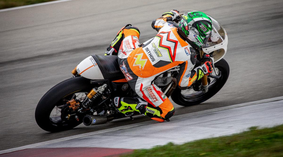 CJ Lukacs (77) at speed at Pittsburgh International Race Complex. Photo by Brian J. Nelson, courtesy Royal Enfield North America.