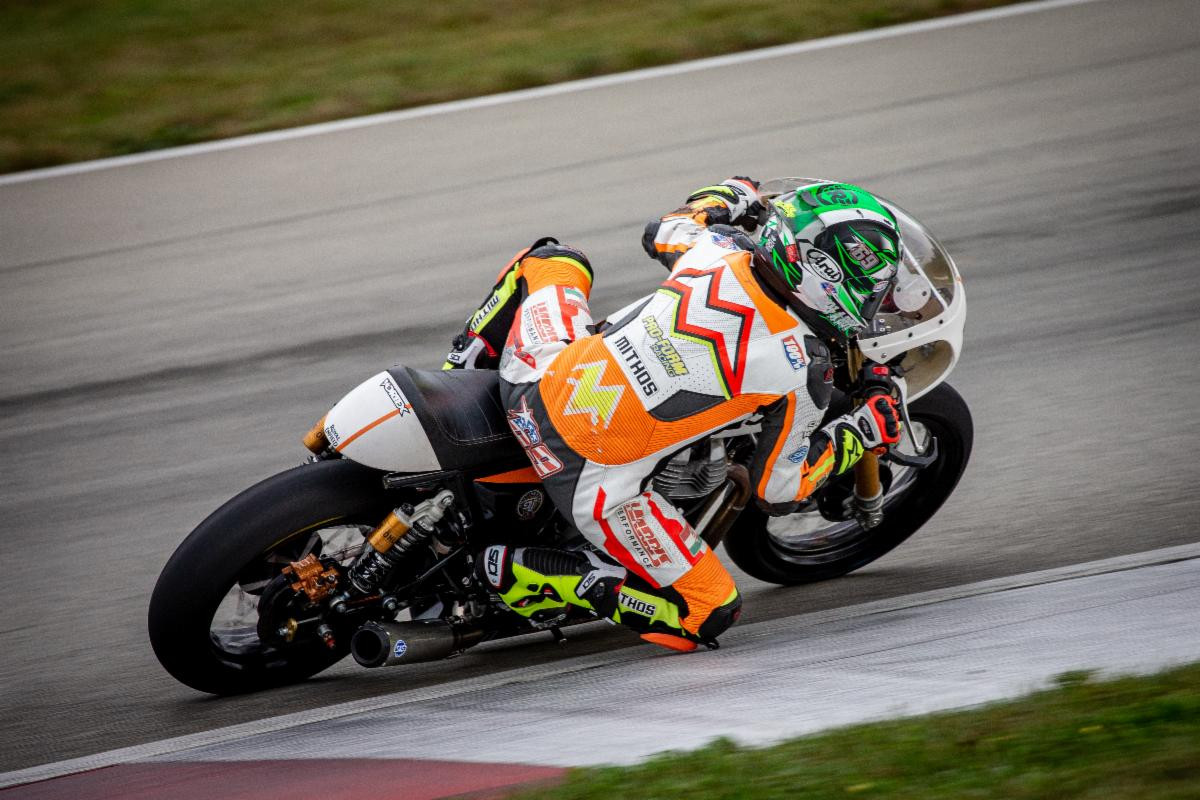 CJ Lukacs (77) at speed at Pittsburgh International Race Complex. Photo by Brian J. Nelson, courtesy Royal Enfield North America.