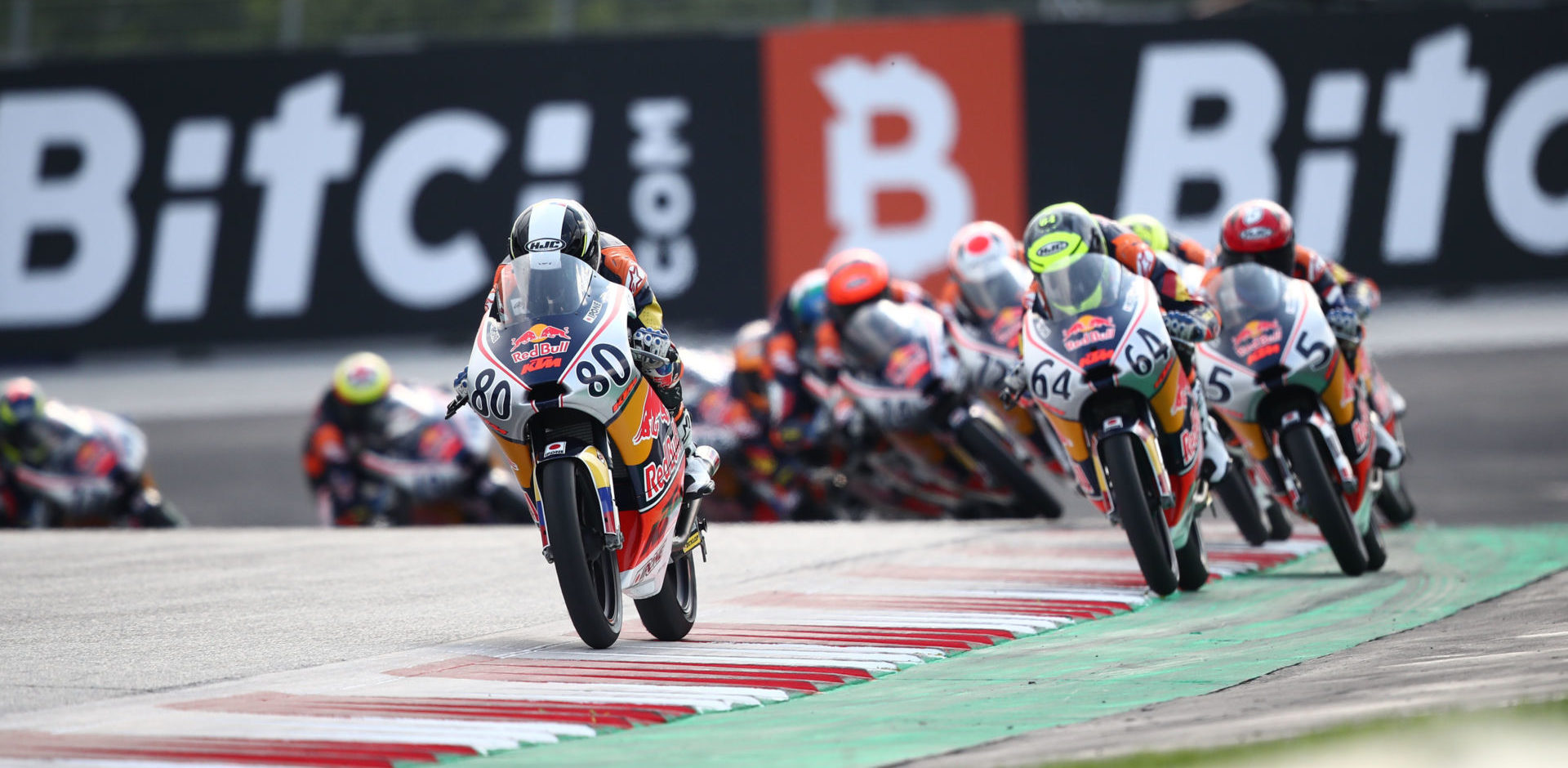 David Alonso (80) leads Red Bull MotoGP Rookies Cup Race One at Red Bull Ring. Photo courtesy Red Bull.