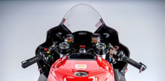 The cockpit and blank dashboard display of Francesco Bagnaia's Lenovo Ducati Desmosedici MotoGP racebike. Photo courtesy Ducati.