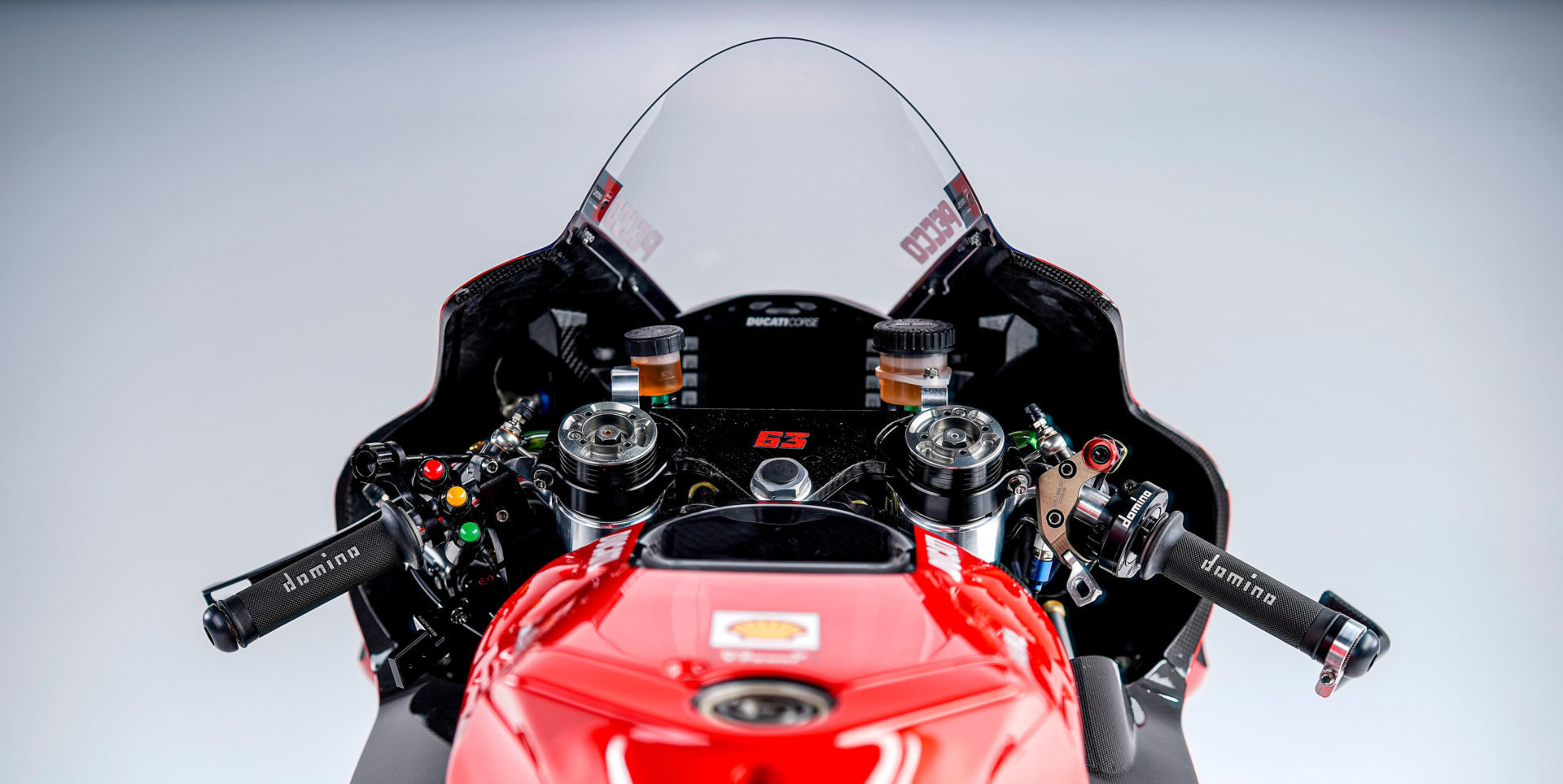 The cockpit and blank dashboard display of Francesco Bagnaia's Lenovo Ducati Desmosedici MotoGP racebike. Photo courtesy Ducati.