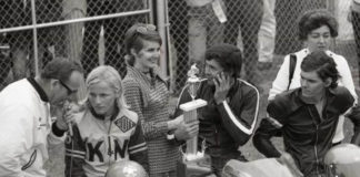 Howard Lynggard (center) after winning the AMA Novice race at Daytona in 1971. Scott Autrey (left) was second, and John Long (right) was third. Photo courtesy John Long/Long's Motorcycle Sales.