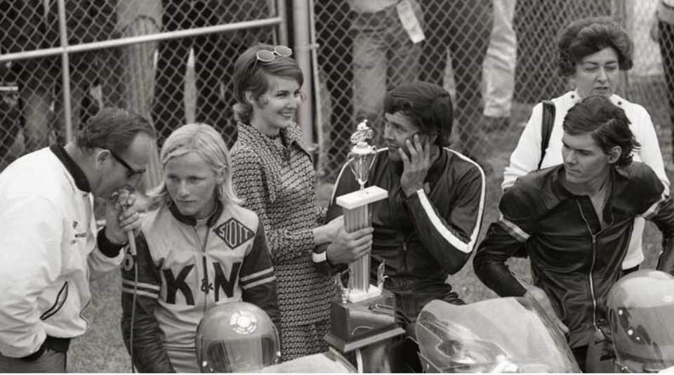 Howard Lynggard (center) after winning the AMA Novice race at Daytona in 1971. Scott Autrey (left) was second, and John Long (right) was third. Photo courtesy John Long/Long's Motorcycle Sales.