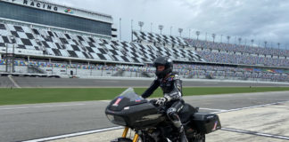 2021 MotoAmerica King Of The Baggers Champion Kyle Wyman heads out onto Daytona International Speedway Tuesday on his 165-horsepower, 630-pound Screamin' Eagle Harley-Davidson Road Glide racebike. Photo courtesy Kyle Wyman.