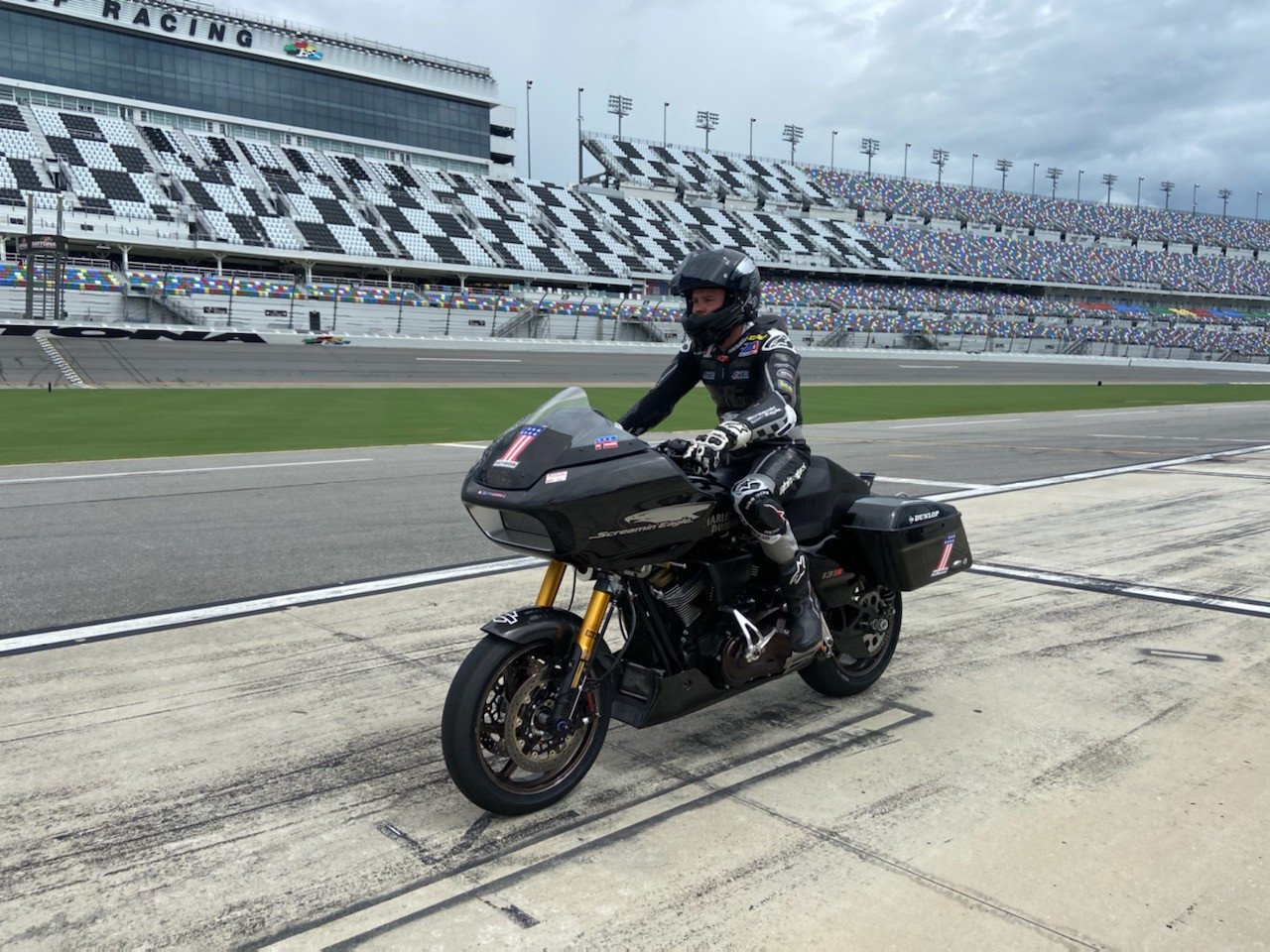 2021 MotoAmerica King Of The Baggers Champion Kyle Wyman heads out onto Daytona International Speedway Tuesday on his 165-horsepower, 630-pound Screamin' Eagle Harley-Davidson Road Glide racebike. Photo courtesy Kyle Wyman.