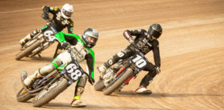 Royal Enfield's Johnny Lewis (10) racing for position with Ryan Varnes (68) and Danny Eslick (64) at the New York Short Track. Photo courtesy Royal Enfield North America.