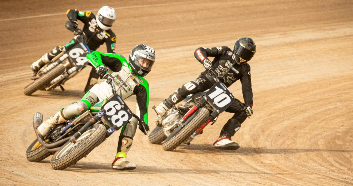 Royal Enfield's Johnny Lewis (10) racing for position with Ryan Varnes (68) and Danny Eslick (64) at the New York Short Track. Photo courtesy Royal Enfield North America.