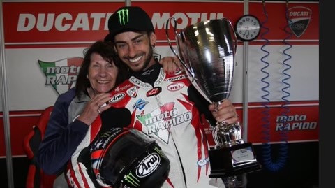 Linda Hopkins with son John following a British Superbike race in 2017. Photo courtesy Hopkins family.