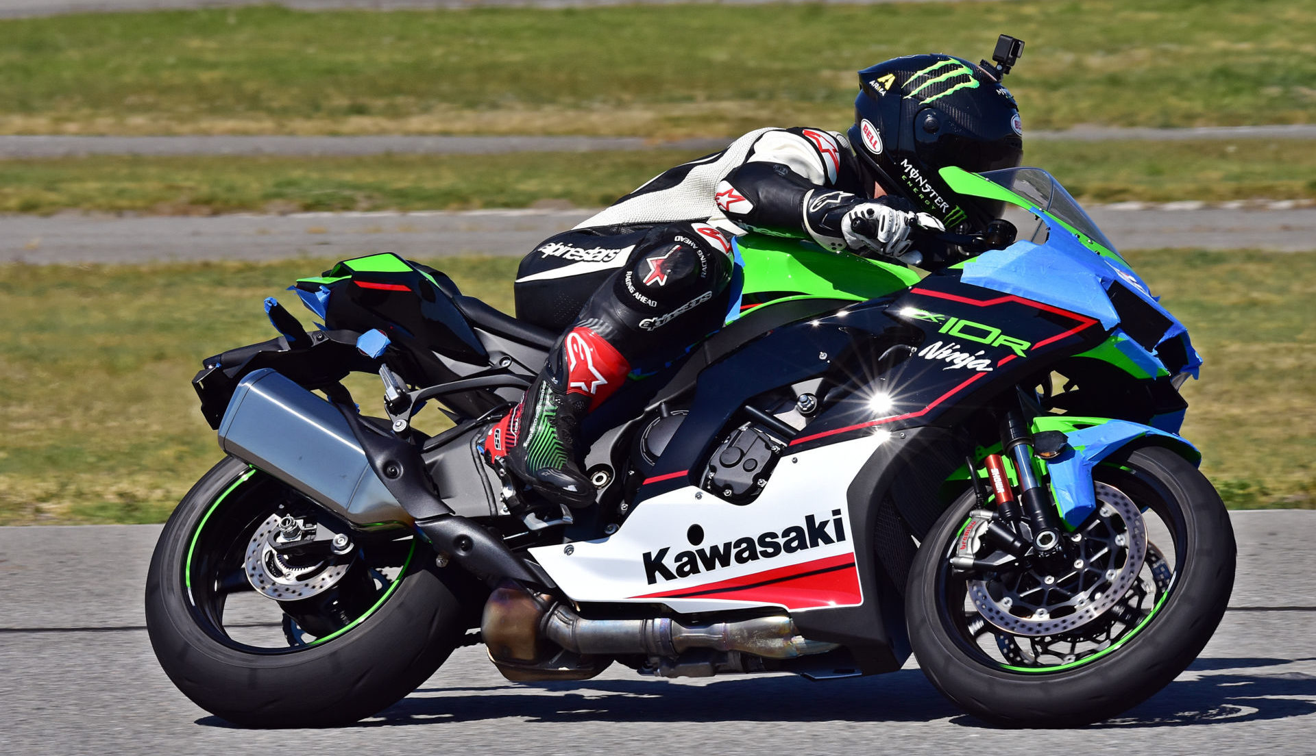 Off-road legend Jeremy McGrath on a Kawasaki ZX-10R at Auto Club Speedway with Fastrack Riders. Photo by Michael Gougis.