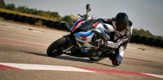 A BMW M 1000 RR at speed on a racetrack. Photo courtesy BMW Motorrad USA.