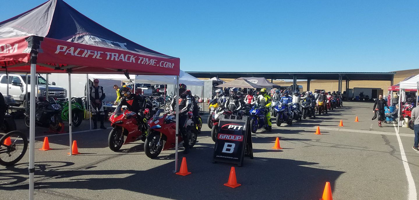 Riders prepare to go out on track during a Pacific Track Time track day at Thunderhill Raceway Park. Photo courtesy Pacific Track Time.