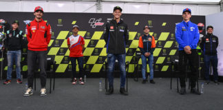 MotoGP riders (from left) Jake Dixon, Francesco Bagnaia, Jorge Martin, Fabio Quartararo, Brad Binder, Joan Mir, and Cal Crutchlow at the pre-event press conference Thursday at Silverstone. Photo courtesy Dorna.