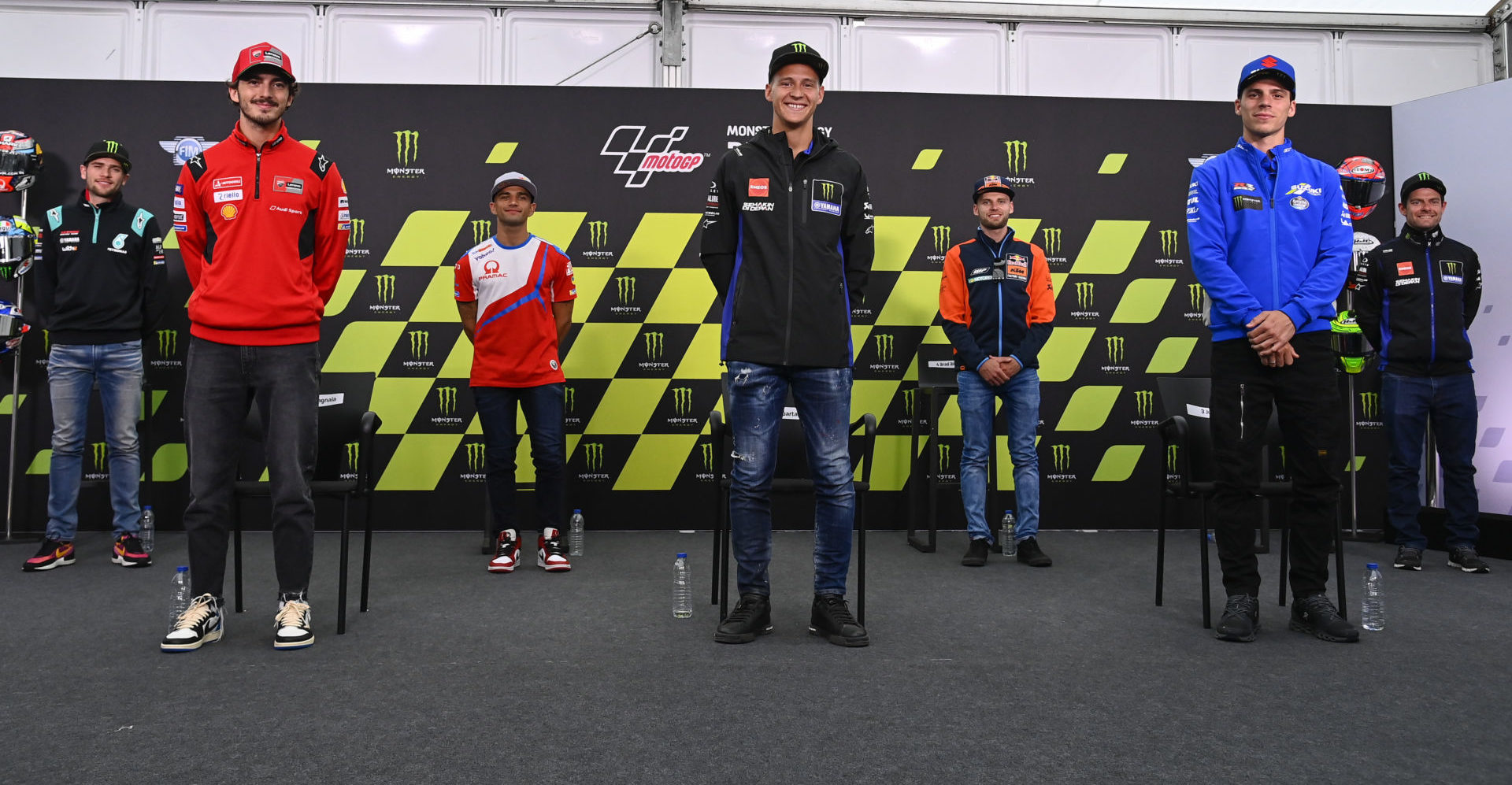 MotoGP riders (from left) Jake Dixon, Francesco Bagnaia, Jorge Martin, Fabio Quartararo, Brad Binder, Joan Mir, and Cal Crutchlow at the pre-event press conference Thursday at Silverstone. Photo courtesy Dorna.