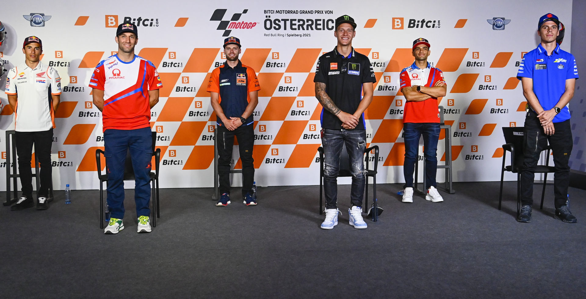 MotoGP riders (from left) Marc Marquez, Johann Zarco, Brad Binder, Fabio Quartararo, Jorge Martin, and Joan Mir at the pre-event press conference in Austria. Photo courtesy Dorna.