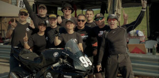 Army of Darkness (from left): Anthony Consorte, Chris Manfrin, Jen Vidad, YT Lechner, Tim Gooding, Melissa Berkoff, Chris Peris, Xavier Zayat, Ben Walters, Sam Fleming and “Gaijin” the Pirelli-shod Yamaha YZF-R1 endurance bike. Photo courtesy Army of Darkness.