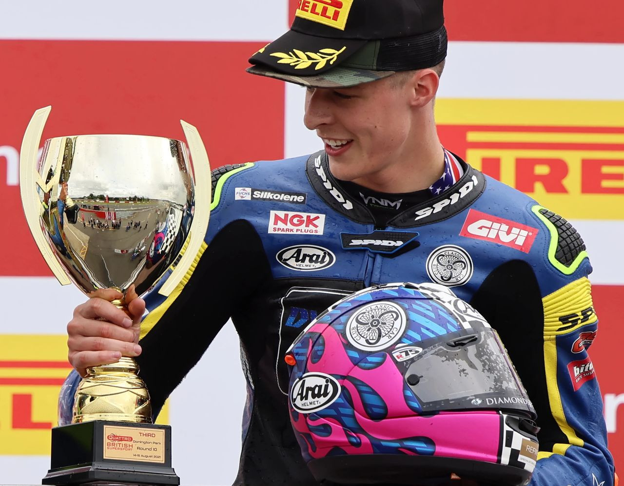 American Brandon Paasch on the podium after British Supersport Race Two at Donington Park. Photo courtesy Dynavolt Triumph.