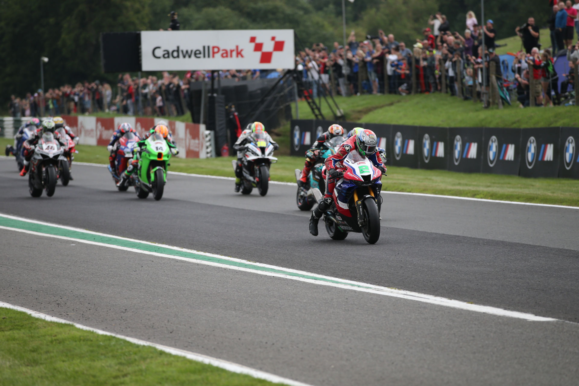 Pole-sitter Glenn Irwin (2) leads the start of British Superbike Race One at Cadwell Park. Photo courtesy MSVR.