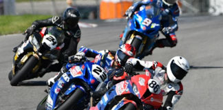 Ben Young (86) held off championship leader Alex Dumas (23) in a thrilling race-long battle at CTMP. Photo by Damian Pereira, courtesy CSBK.