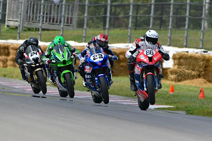 Jordan Szoke (1) rebounded from a sixth-place finish in Race One to take a hard-fought victory in Race Two of Sunday's tripleheader Superbike showdown at Canadian Tire Motorsport Park. Also in this photo are Race Two podium finishers Ben Young (86) and Alex Dumas (23), along with Sebastien Tremblay (24). Photo by Damian Pereira, courtesy CSBK.