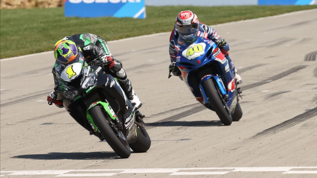 Richie Escalante (1) held off Sean Dylan Kelly (40) to win Supersport Race One. Photo by Brian J. Nelson.