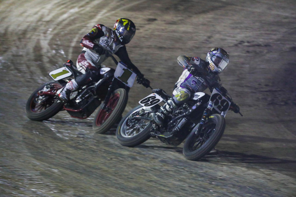 Sammy Halbert (69) leads Briar Bauman (1) in the Mission AFT SuperTwins main event at New York Short Track I. Photo courtesy AFT.