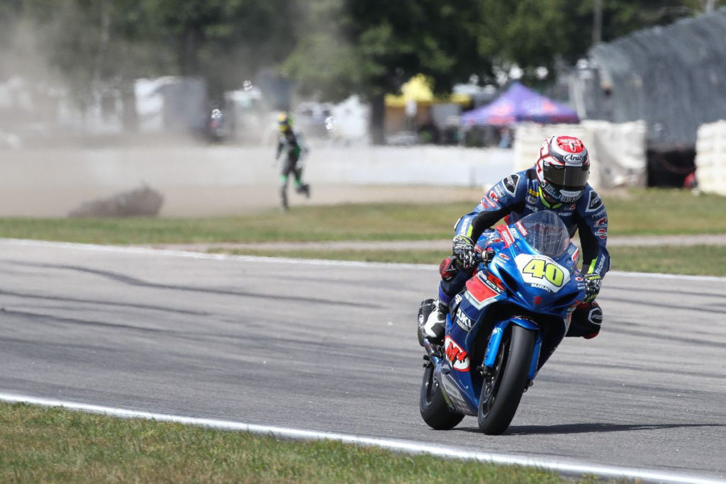 If a picture paints a thousand words... Sean Dylan Kelly (40) rides to victory in the Supersport class after Richie Escalante (seen in the background) crashed out of the lead on Sunday at BIR. Photo by Brian J. Nelson.