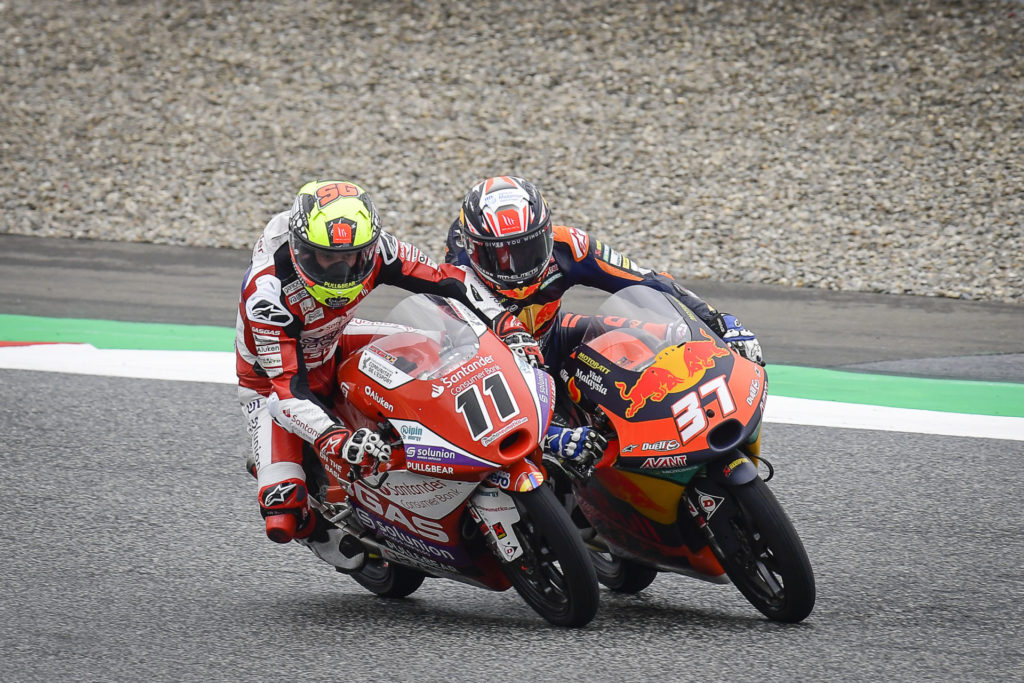 Sergio Garcia (11) and Pedro Acosta (37) battle for the lead in Moto3. Photo courtesy Dorna.